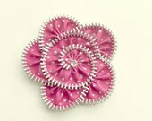 Zipper Flower Brooch, pink and silver Polka Dots,  hand painted, Zipper Pin. Approx 2,8 in/ 7 cm.- eco friendly, recycled jewelry
