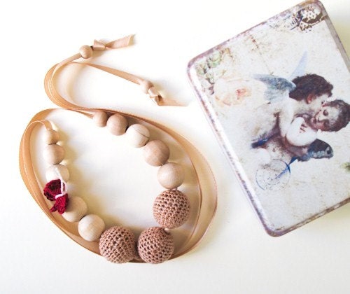 Nursing Necklace/Teething Necklace-Wooden and Crochet Necklace-Beige