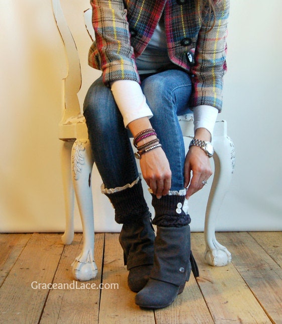 SALE SALE The Lacey Lou Graphite Open-work Leg Warmers w/ ivory knit lace trim & buttons - Legwarmers boot socks (item no. 3-23)