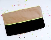 Neon Clutch 6"X10" color block in brown and camel with Neon yellow piping