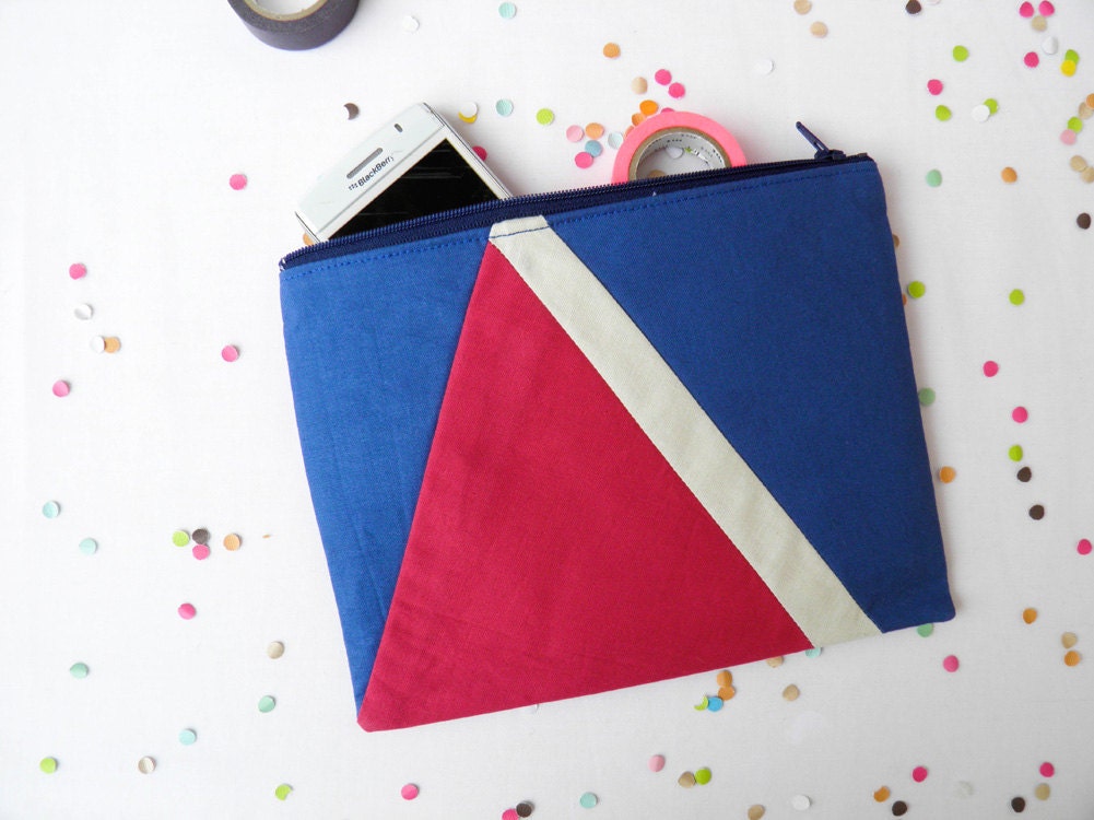 Large zipper pouch 6"X8"  geometry color block in blue pink white