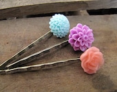 Flower Bobby Pins, Hair Accessories, Purple, Light Blue, Coral Colors