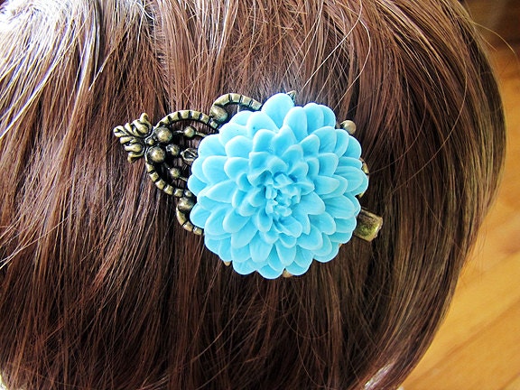 Light Blue Flower and Antique Brass Filigree Hair Clip