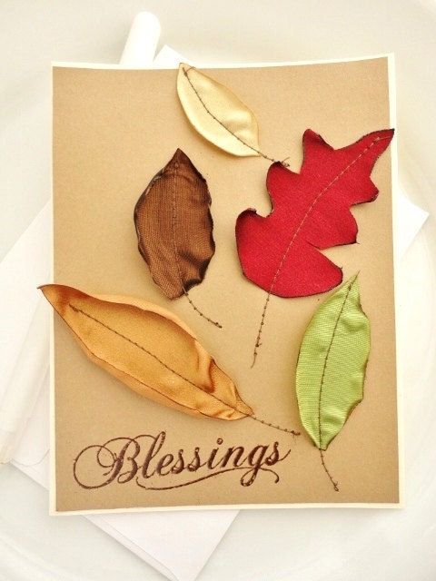 Handmade Fall Card, Blessings Stamp Embossed, Autumn Leaves, Sewn Card, Kraft, Christian Religious
