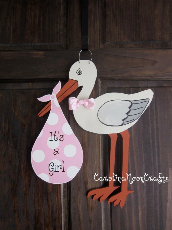 New Baby Girl Stork Door Hanger Door Decor - It's a girl, New Baby Wreath