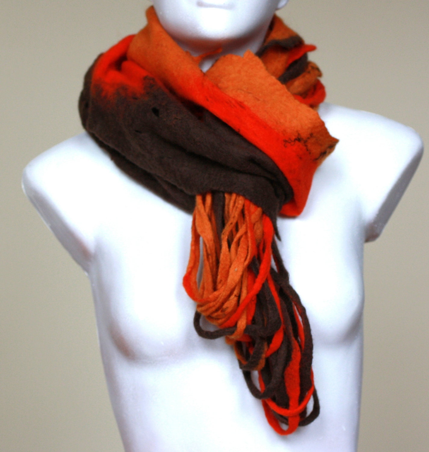 Women infinity scarf - Cobweb felted wool Circle scarf - necklace / red orange brown