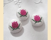 embroidered buttons handmade in ivory silk with pink and green tulip design, pack of three, size 22mm