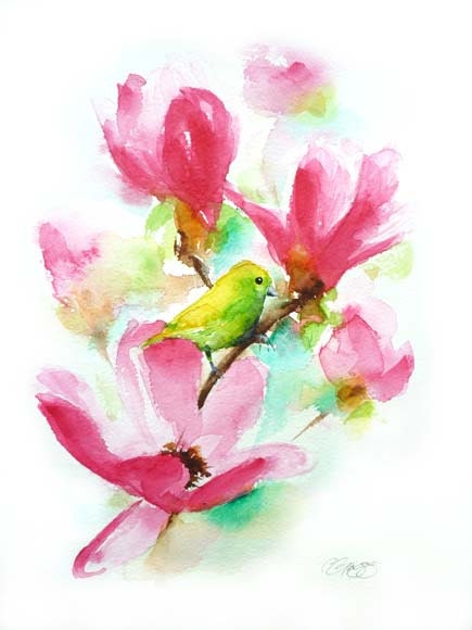 Bird and Magnolia 2 original watercolour painting