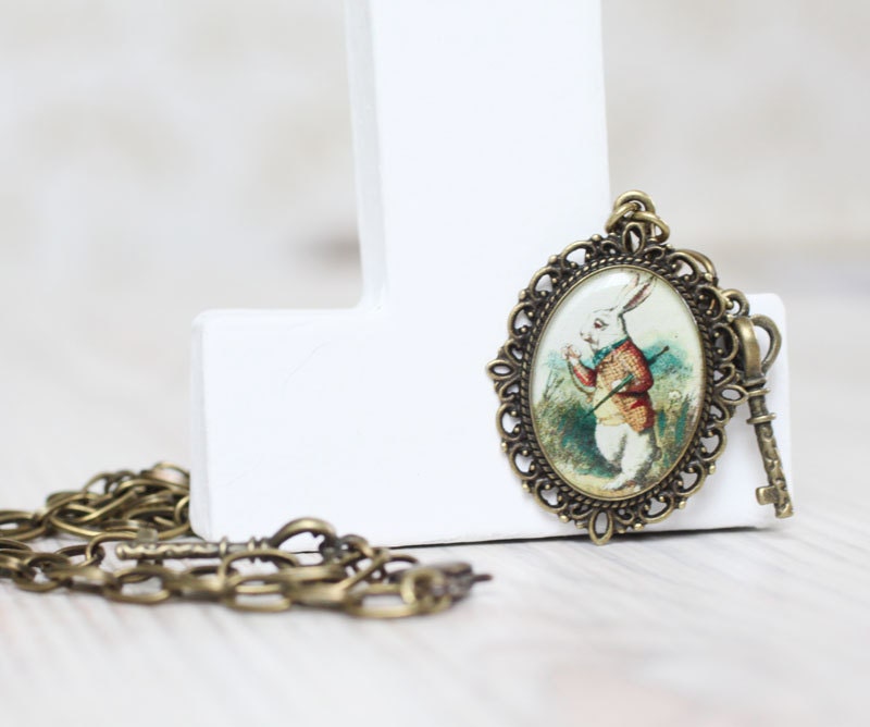 Alice in Wonderland Necklace - Rabbit with a clock necklace - Victorian style - Free Shipping