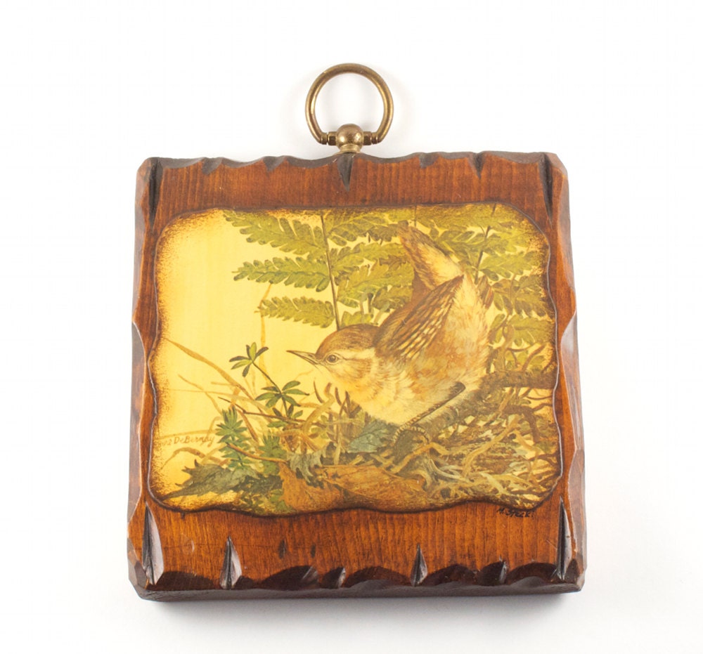 Bird Picture Wall Hanging Kitsch Hipster Decor Wood Nature Art / Vintage 70s