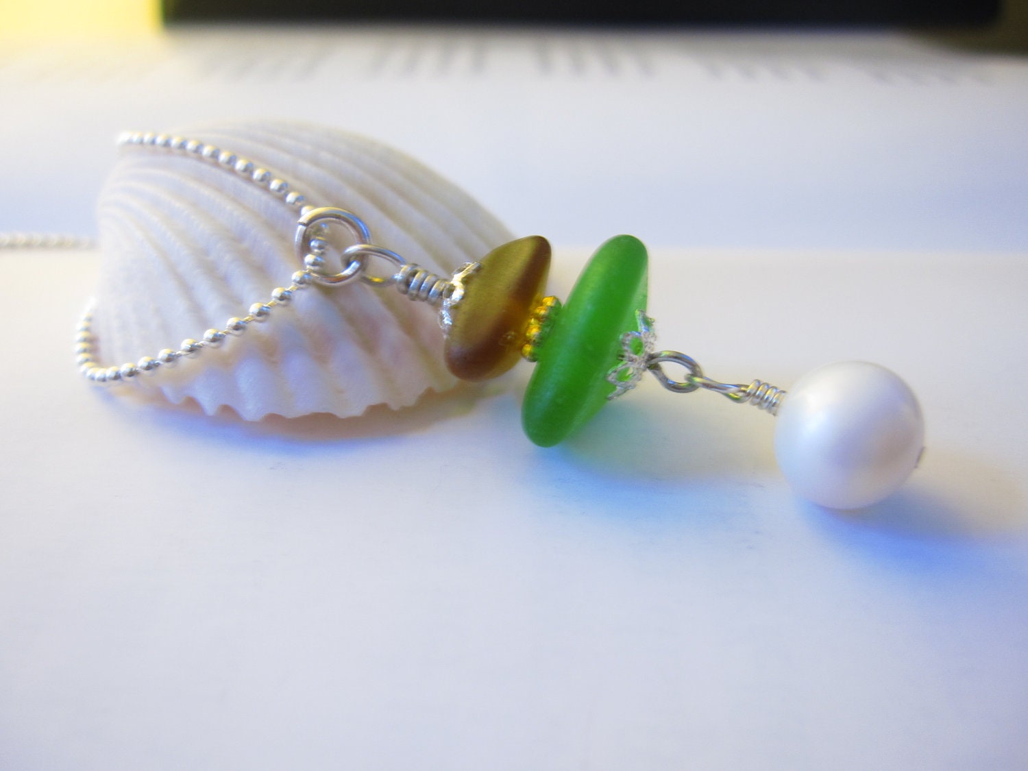 Sea glass cairn pendant in Green & Brown with Fresh Water pearl - Perfect jewelry for mermaid bride