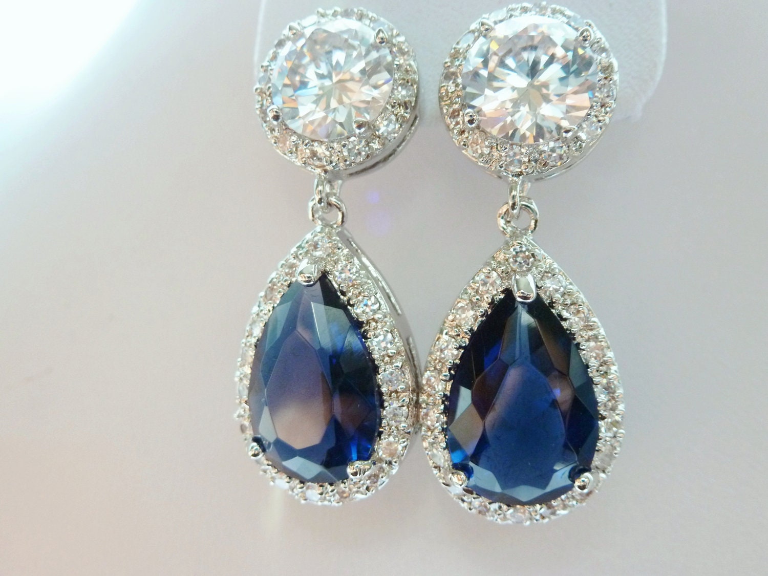 Weddings Earrings, clear white and Royal blue cubic Zirconia Round CZ Post earrings