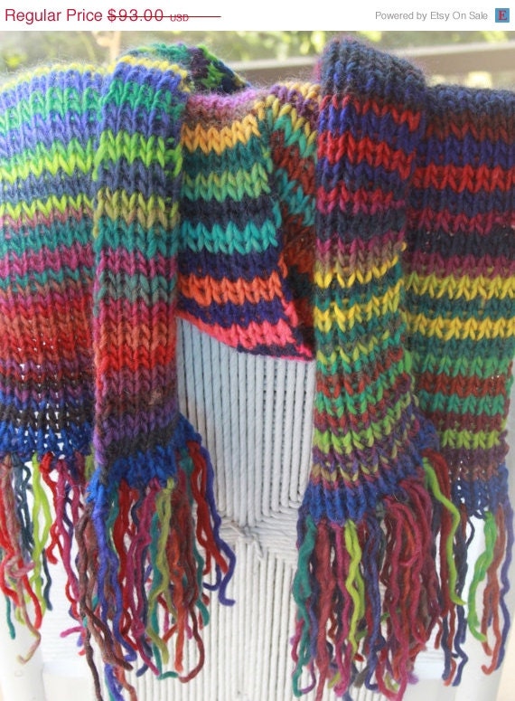 ON SALE Hand Knit Scarf in Bulky Mulit Color  Wool Yarn, in a Classic stripe pattern, large scarf