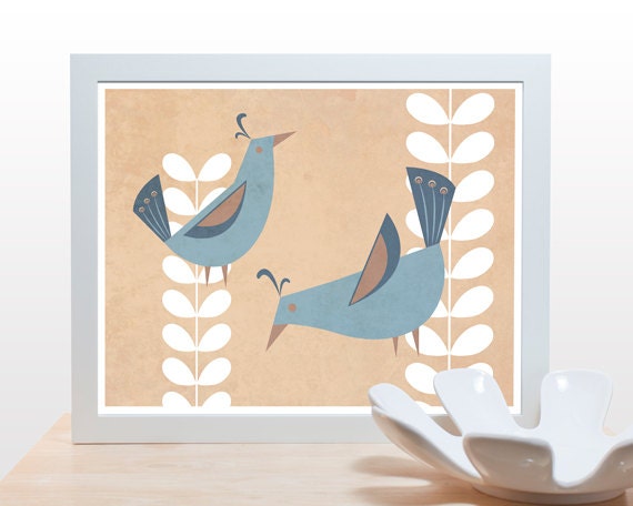 Mid Century Modern Print Birds - 11x14 art decor wall poster office living room kitchen nature woodland branches blue tan white taupe
