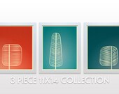 Mid Century Trees Artwork Set of 3 11x14 Art Print - modern wall art decor forest branches nature