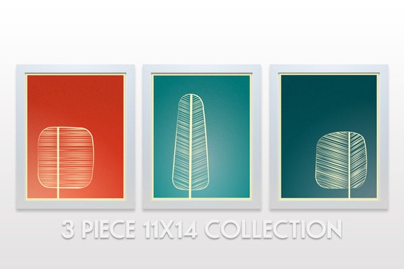 Mid Century Trees Artwork Set of 3 11x14 Art Print - modern wall art decor forest branches nature