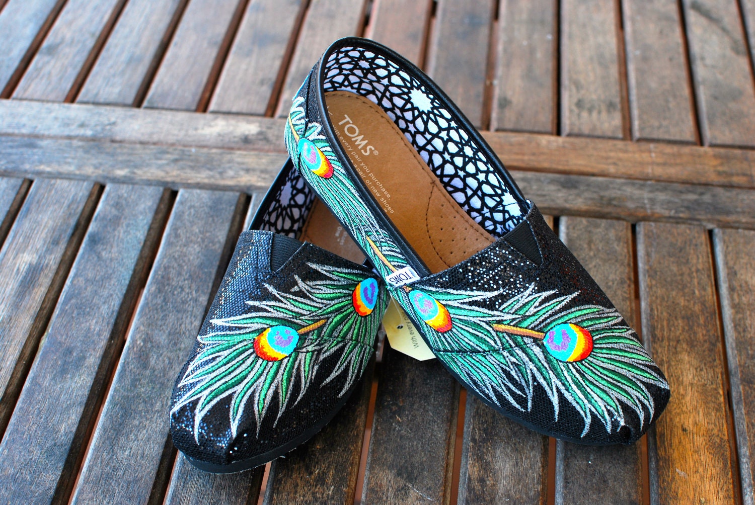 Black Glitter Peacock Feather TOMS shoes