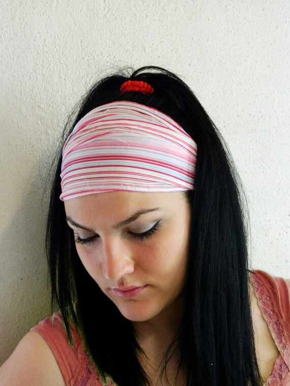 Pink White Stretchy Headband - Striped Fabric Womens wide hair band urban turban head wrap headband