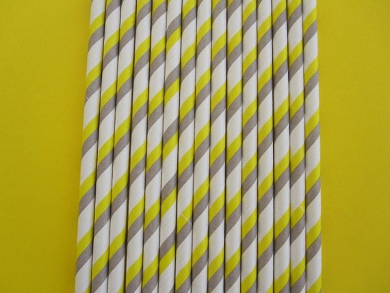 25 Yellow and Gray Double Striped Paper Straws Il_570xn
