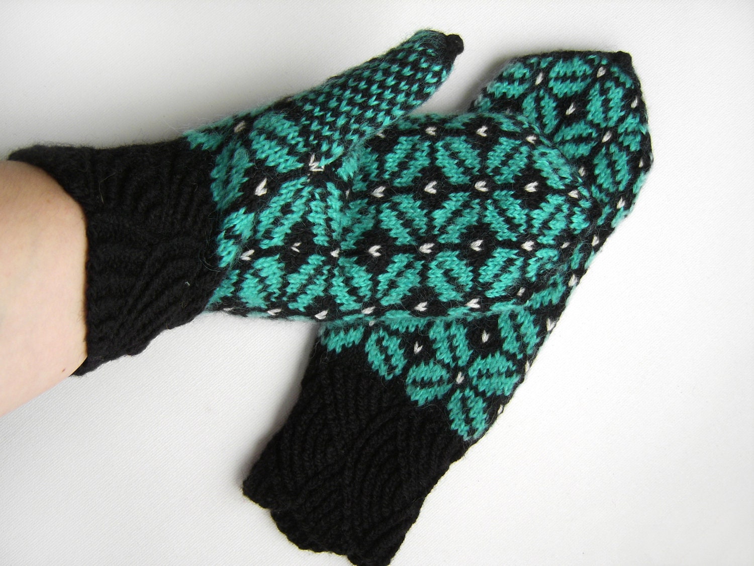 Hand Knitted Mittens - Turquoise Green and Black