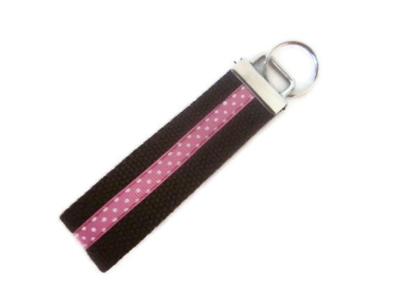 Pink Keychain, Key Fob,  Wristlet, key ring, brown, pink, dots