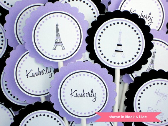 Eiffel Tower Cupcake Toppers - Personalized Paris Themed Party Decorations - Black and Lilac - Colors Customizable Il_570xn