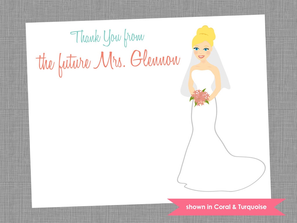 Bridal Shower Thank You Note Cards - Personalized Bride Printed Note Card Set - Colors Customizable Il_570xn