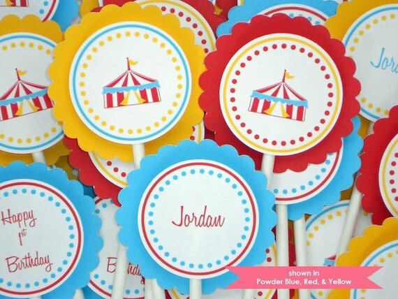Carnival Cupcake Toppers - Personalized Circus Tent Themed Party Decorations - Colors Customizable Il_570xn