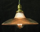 A Vintage Industrial Holophane Shade Pendant Twisted Green Cotton Cord w Antique Socket and Uno Holder.