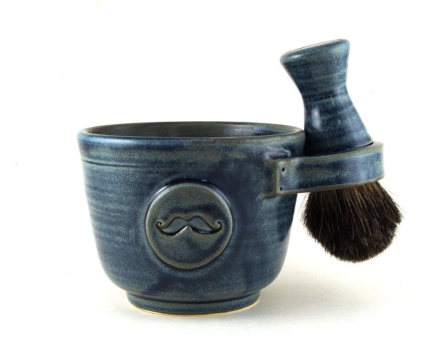 Mens Shaving Set, Blue Mustache Shave Mug, Black Badger Hair Shave Brush and Shave Soap, Shaving Bowl, Gift for Men, Best Man, Father's Day