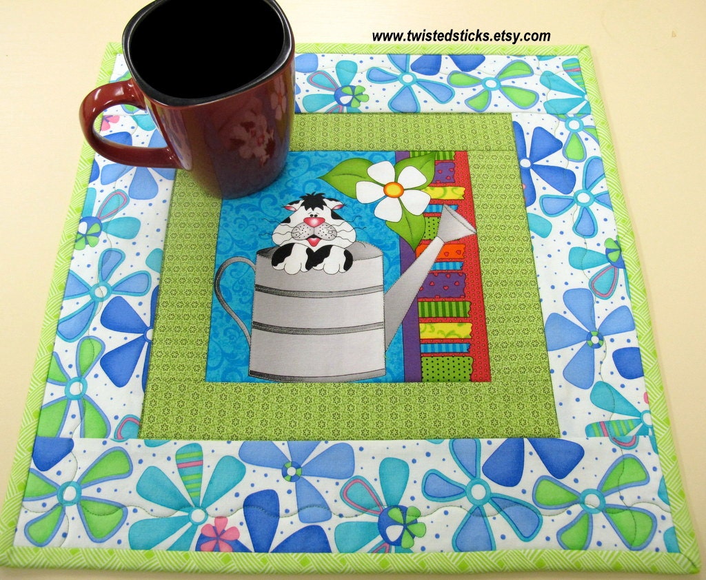 Modern Snack Mat with Calico Cat in a Watering Can, Mug Rug, Bright Modern Colors