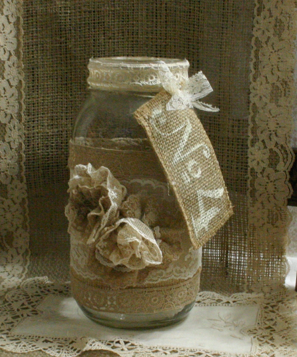 Burlap wedding FLOWER vase, ViNTAGE LACE candle holder, FALL WEDDiNG, rustic, shabby chic, country chic