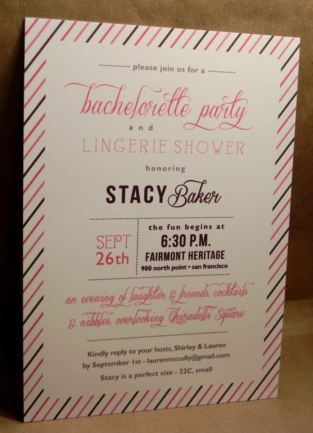 Bachelorette Party / Lingerie Shower / Candy Stripe Printed Invitation / Birthday / Rehearsal Dinner / Wedding / Save the Date by DarbyCards