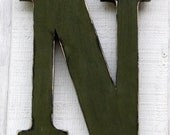 Uppercase Wall Hanging Rustic Wooden Letter N Distressed Painted Olive Green 12" tall Wood Name Letters, Custom Made