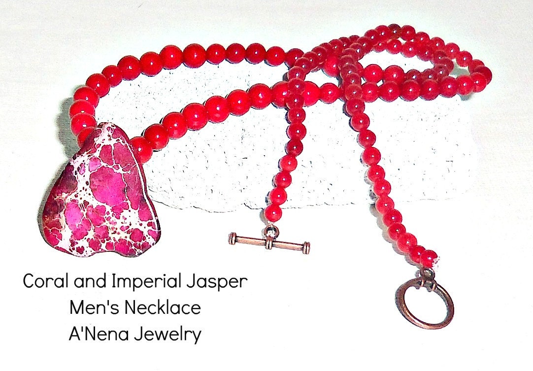 Men's Necklace " Joy"  Genuine Imperial Jasper , Coral and Quartzite & Copper Toggle Clasp