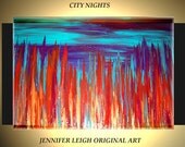 Original Large Abstract Painting Modern Contemporary Canvas Art Orange Blue Gold City Nights 36x24 Palette Knife Texture Oil J.LEIGH