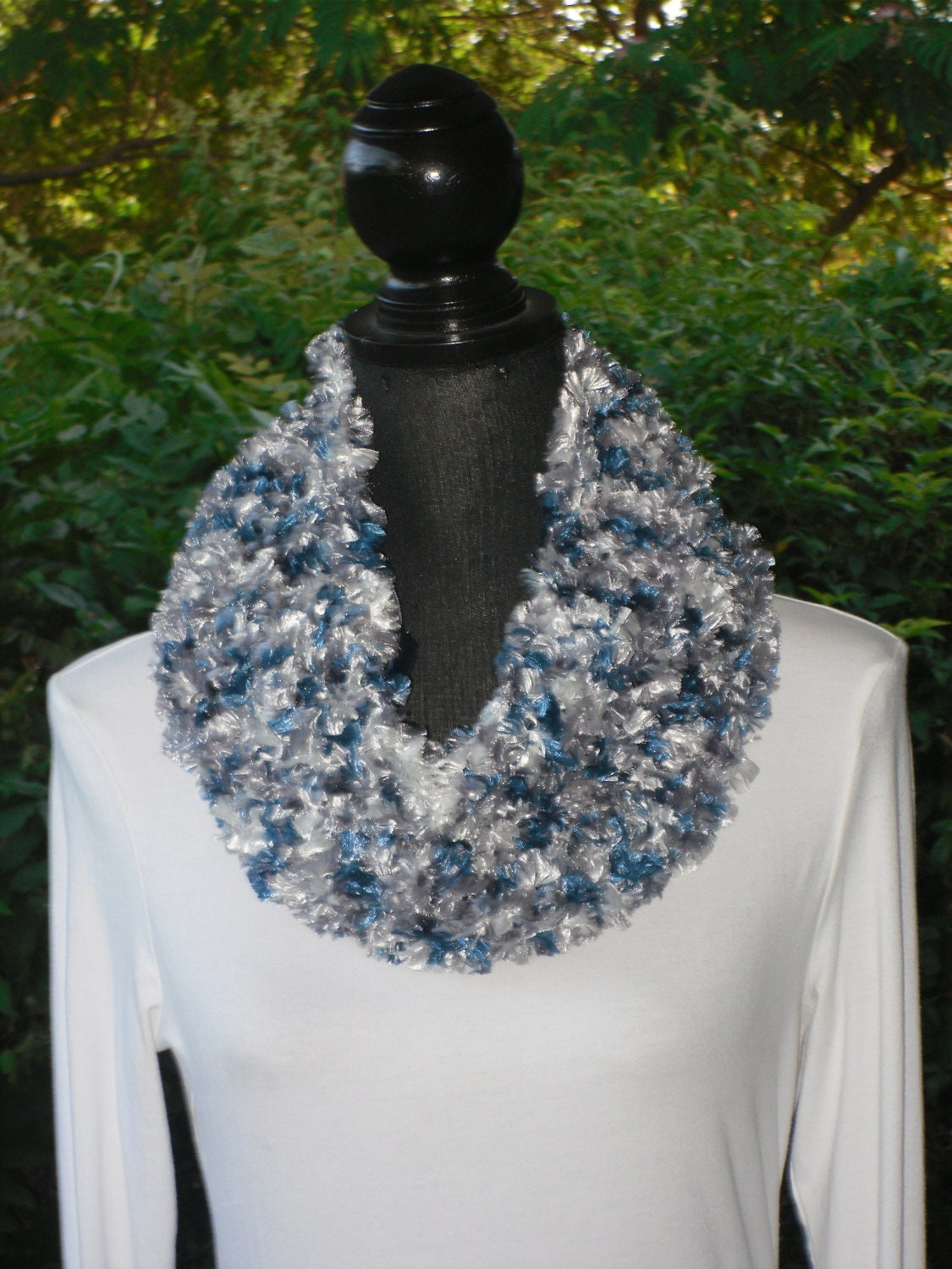 Funnel Infinity Eternity Cowl Neck Warmer Scarf Blue Grey White Multicolor Cluster Crochet READY TO SHIP