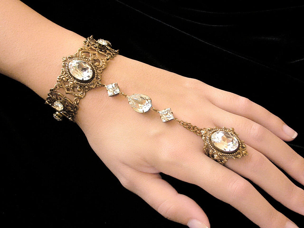 Swarovski  Crystal Slave Bracelet with Ring  - Victorian Jewelry - Wedding Jewelry - Victorian Bridal Bracelet