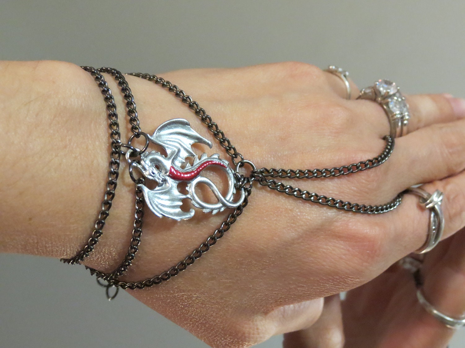 Gothic Renaissance Silver Dragon "Slave Bracelet" Ring. Red belly Silver Dragon. Gunmetal Chains. Adjustable Fits 6" to 8"