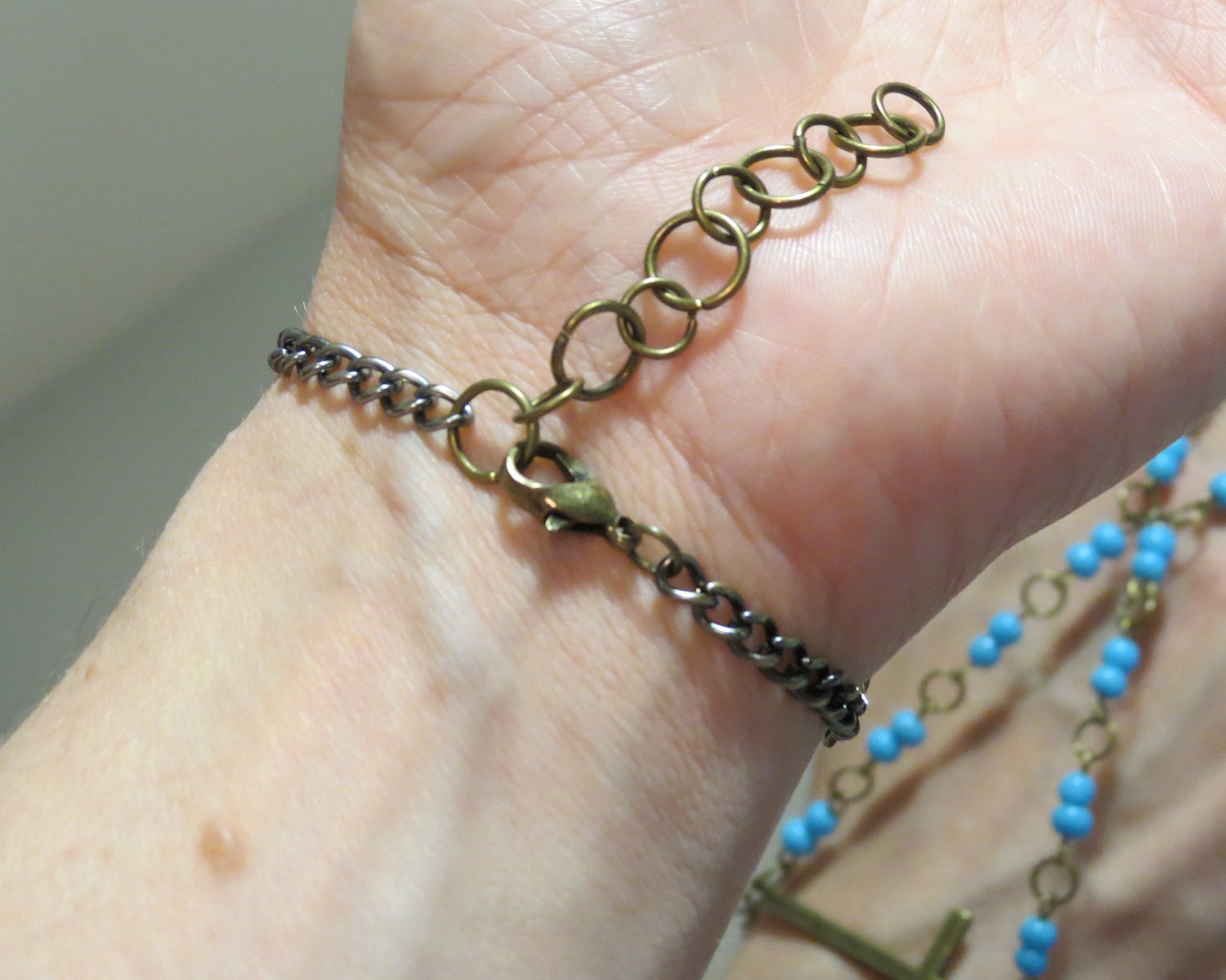 Beaded Cross Bracelet Ring, Slave Bracelet, Religious, Christian, Catholic Bracelet, baby blue, Blue Sky, Custom Sized, Cross