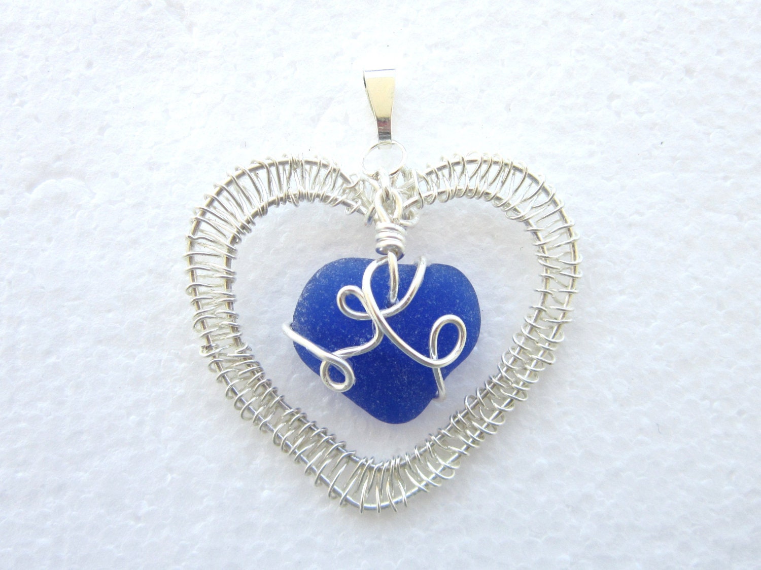 Heart Necklace cobalt sea glass silver wrapped pendant made to order