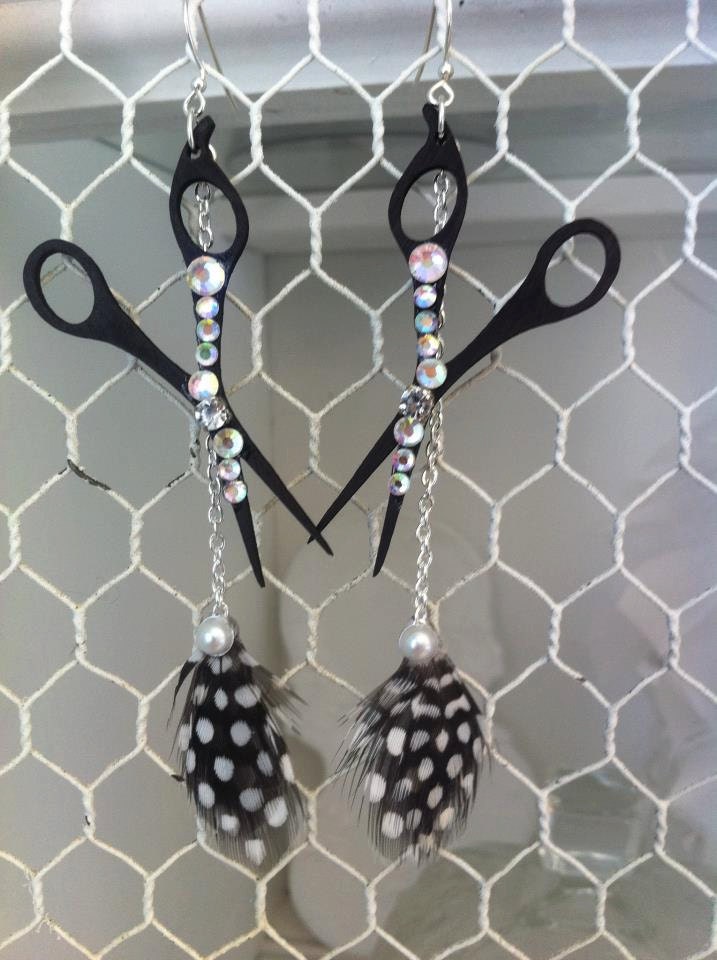 black scissor earrings with poke a dot feathers
