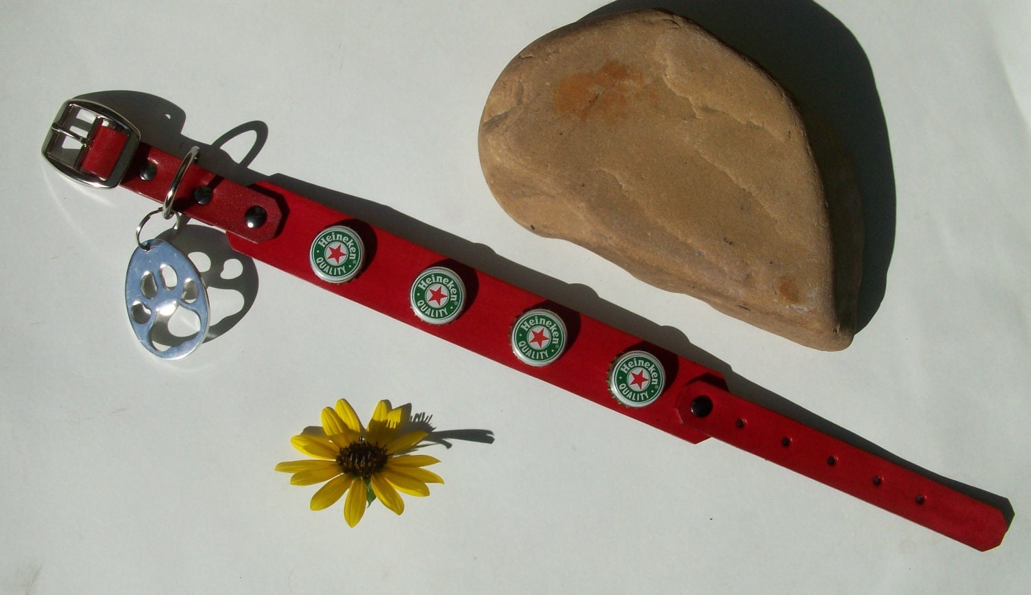 Heineken Beer Cap Leather dog collar with paw shaped bottle opener. Any Size or Color