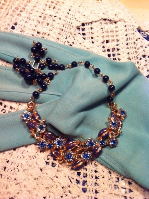 Vintage Blue Rhinestone Enamel Flower Floral Beaded Chain Necklace
