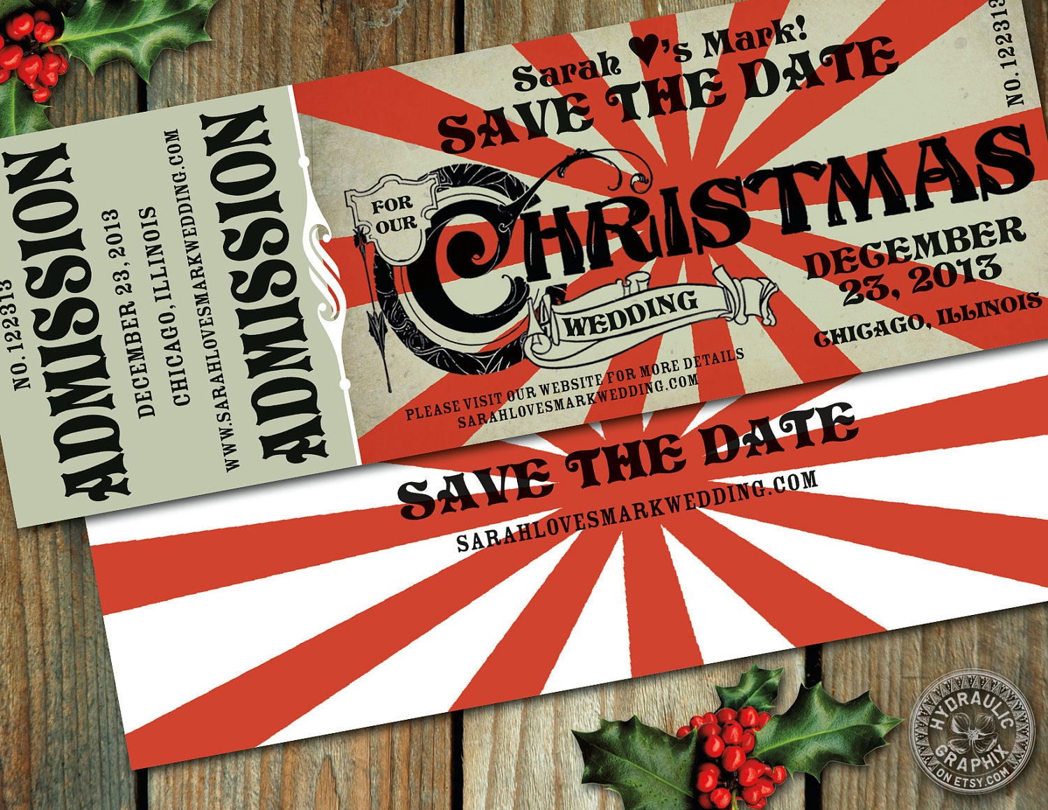 Christmas Wedding Save the Date Admission Ticket Invitation or for any Christmas event with vintage and steampunk advertising sign elements Il_570xn