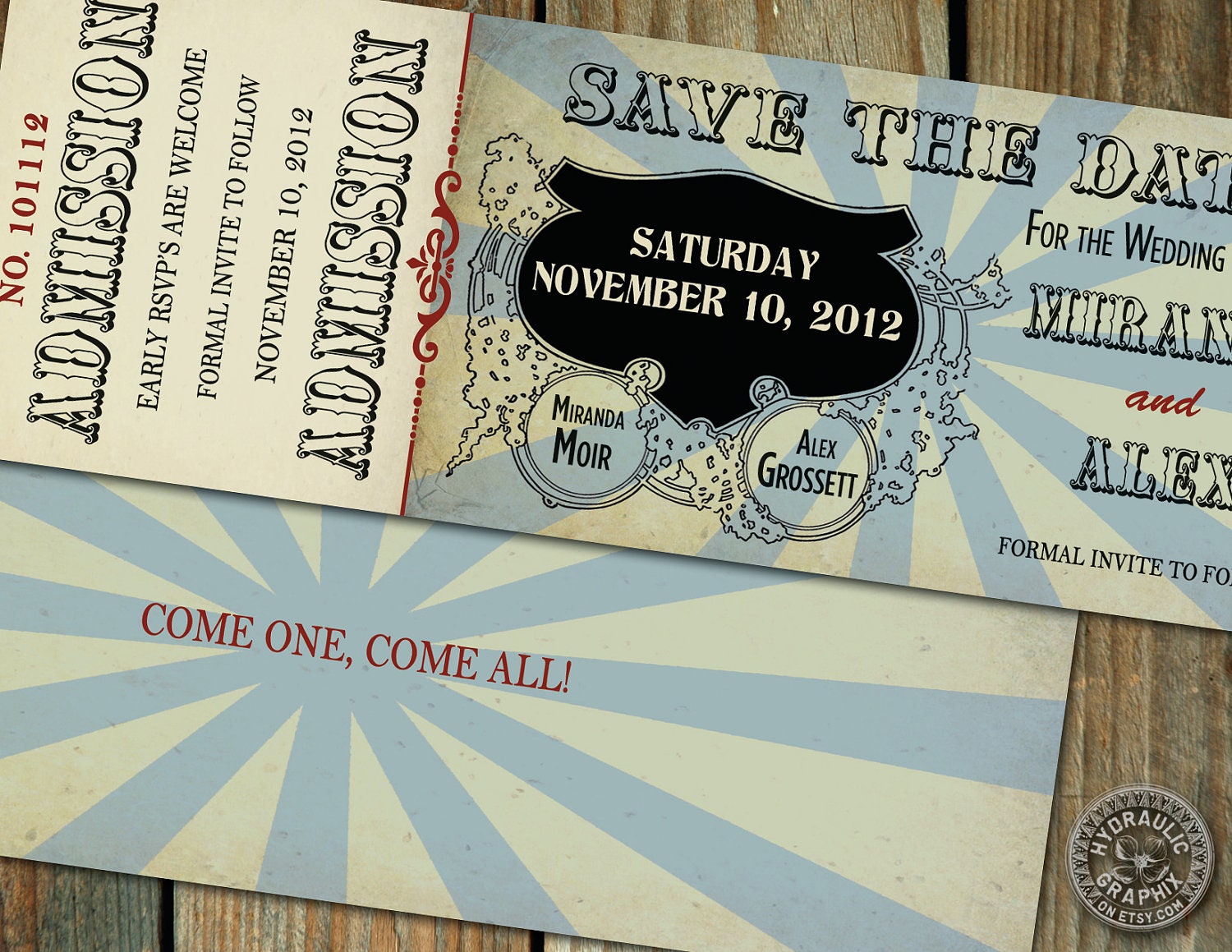 Circus or Carnival theme Wedding Save the Date or Baby Shower or Birthday Party Ticket with steampunk and vintage elements, cinderella Il_570xn