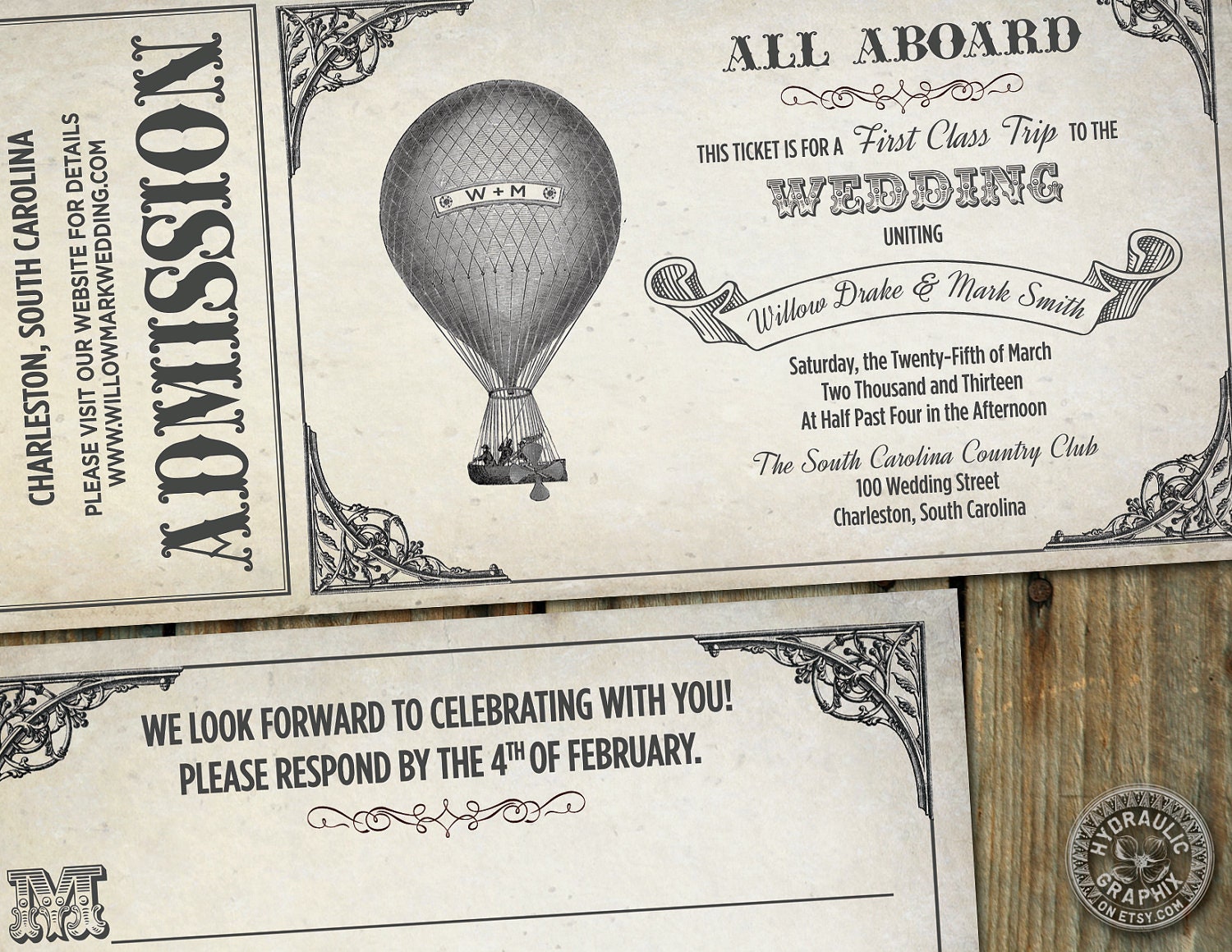 Steampunk inspired Hot Air Balloon Ticket Invitation for wedding with matching response card Il_570xn