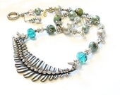Silver leaf beaded necklace mint aqua grey handmade