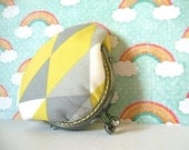 Geometric Triangles with crystal head kiss clasp frame, Yellow, white and Grey - Handmade coin purse