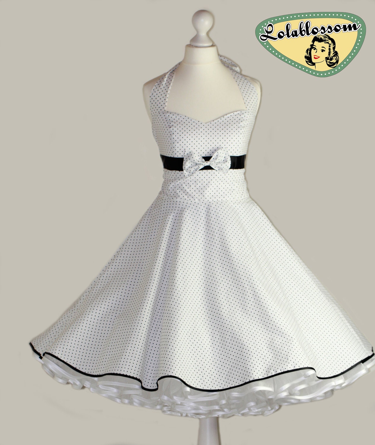 50's vintage dress full skirt white black Polka Dots Wedding Tailor Made after your measurements